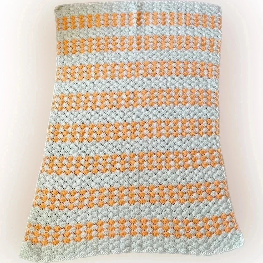 Baby Afghan crocheted shell pattern orange and white‎ EUC!